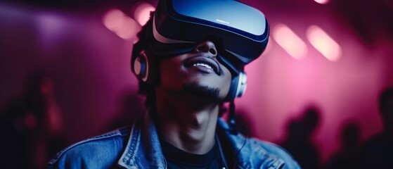 Man wearing vr glasses at a music festival. VR headset at a concert. VR glasses.