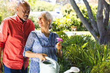 Happy diverse senior couple gardening in sunny garden