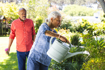 Naklejka na ściany i meble Diverse senior couple gardening in sunny garden