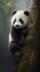 Obraz premium Panda bears in the wild of China, in the style of emotional body language, hardy, strong facial expressions, and light white. Beautiful nature.