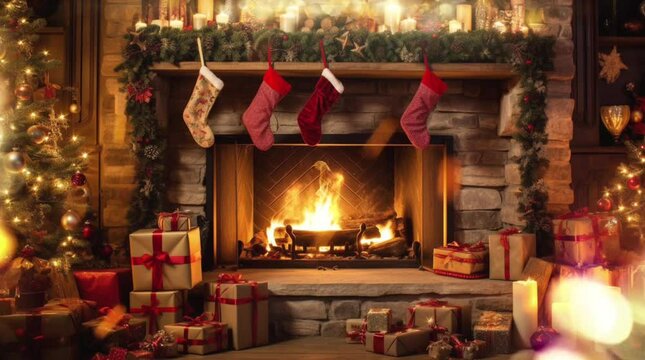 Cozy Christmas Fireplace Animation with Christmas stockings hanging by the chimney