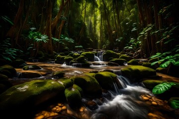 A thin stream of water flowing through rocks in a jungle