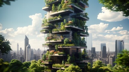 Building with a eco system and a city landscape view.