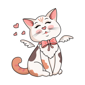 Cute kitty with angel wings and hearts. Vector illustration in kawaii style. Happy white kitten for Valentine's Day. Funny cat mascot.