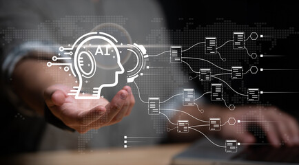 Data analysis of ai artificial intelligence process with technology processor to planning business information data, tech, network corporate concept.