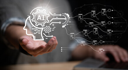 Data analysis of ai artificial intelligence process with technology processor to planning business information data, tech, network corporate concept.