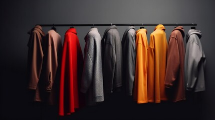 Closeup image of colourful sweaters hanging on a black background.