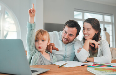 Parents, child and laptop video call or distance learning, online school for question virtual class. Girl, mother or father support in education connection or knowledge, information or development