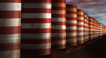 Fototapeta na wymiar USA oil crude petroleum fuel barrels in row