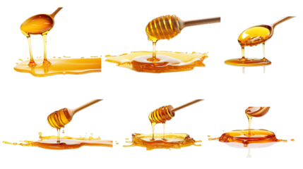 Collection of PNG. Honey dripping from dipper isolated on a transparent background.