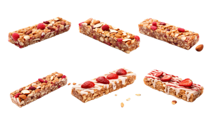 Collection of PNG. Strawberry oat and nut bar isolated on a transparent background.