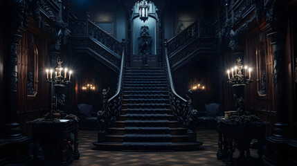 Abandoned mansion with grand staircases and chandeliers.