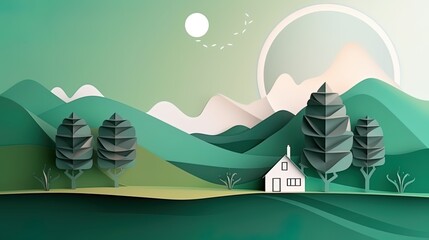 3d paper cut forest landscape mountain paper cut style natural landscape scene illustration - obrazy, fototapety, plakaty