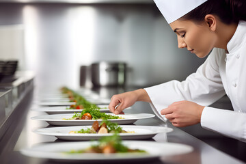 Female chef garnishing plates with food in restaurant kitchen