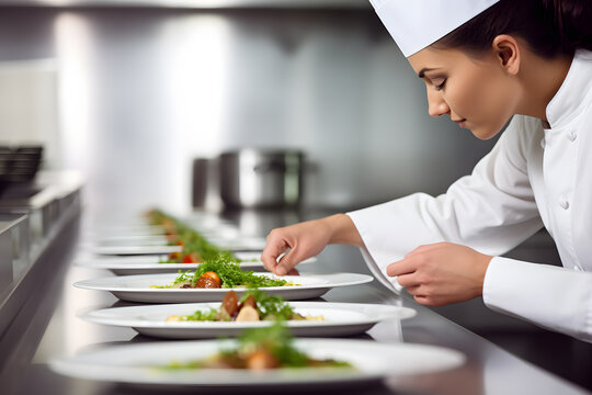 Female chef garnishing plates with food in restaurant kitchen
