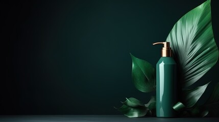 Premium podium background for the presentation cosmetic product with bottle green tropical plant leaf for beauty treatment products