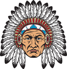 Indian Chief Head with Headdress Vector Illustration