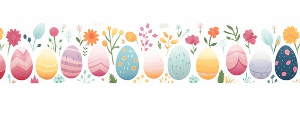 Fototapeta na wymiar easter eggs and flowers on a white background, easter background, banner, copy space. 
