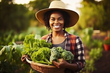 portrait of a woman, farmer collecting fresh produce in her garden on a self-sustainable farm, smiling, happy, 
