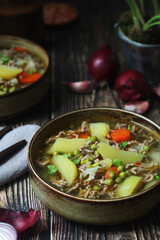A bowl with traditional German dish - stew Eintopf	