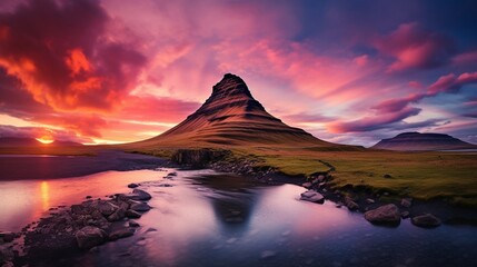 Iceland's Mount Kirkjufell features a striking sky.