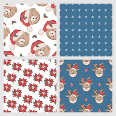 Merry Christmas and Happy New Year seamless patterns with bear and reindeer in Santa hat, poinsettia and snowflakes. Vector illustration set.