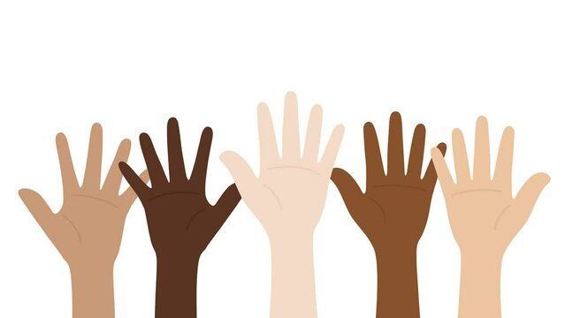 Flat design animation of people with different skin colors raising their hands. Unity concept.	