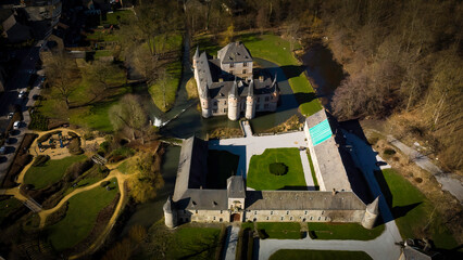 Aerial view of Spontin Castle (Château de Spontin), in Yvoir, Belgium