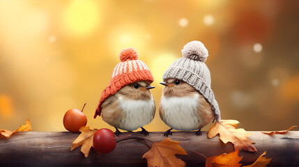 Two birds sparrows in knitted hats on female hands on autumn background ,Warmth in the Cold: Birds in Love on a Defocused Orange Background.AI Generative 
