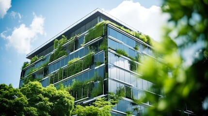 Eco-friendly building modern city sustainable glass building Ecology concept Office building with green environment - obrazy, fototapety, plakaty