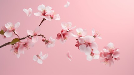 Isolated on a pink background, fresh quince blossoms with lovely pink flowers falling in the air. High-resolution shot of spring blossoms with no gravity or levitation