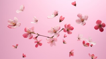 Isolated on a pink background, fresh quince blossoms with lovely pink flowers falling in the air. High-resolution shot of spring blossoms with no gravity or levitation