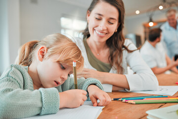 Mom, girl and writing for homework with book, development and studying with advice, pencil and smile. Education, mother and daughter with cheers for assessment, progress and growth in family house - obrazy, fototapety, plakaty