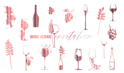 Wine icons - Collection of wine glasses and bottles. Elements for invitation cards, advertising banners and menus.