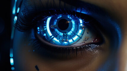 Close-up of a woman's eye, biometric scan. Microchip implantation. Modern technology concept.