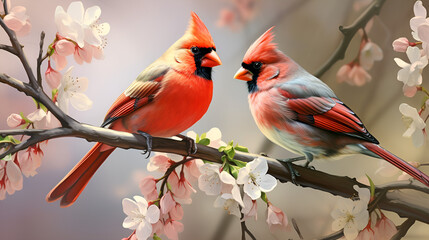 Nature HD  wallpapers Images , Birds In Love Images . red cardinal sits on a branch with pink flowers.Cardinal song,.AI Generative 