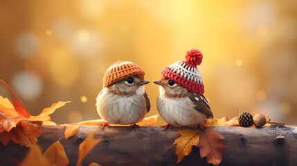 Two birds sparrows in knitted hats on female hands on autumn background ,Autumnal Harmony: Nature's HD Wallpaper with Knitwear-clad Birds.AI Generative 