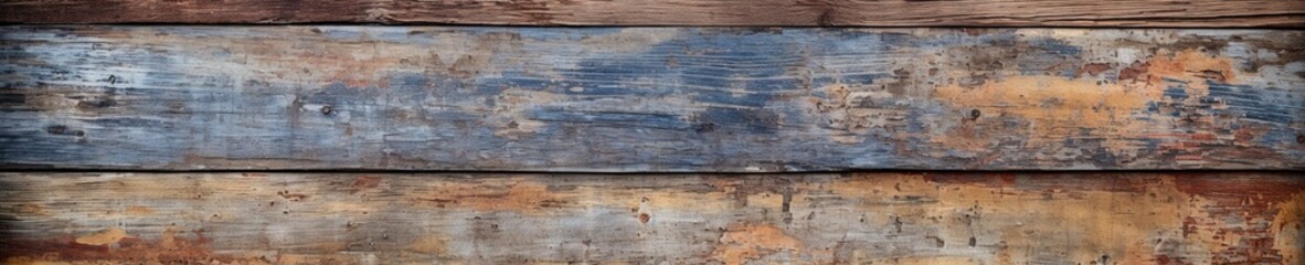 Fototapeta premium Detailed vintage worn wooden ledge texture with peeling paint in the colors blue brown yellow, faded red.