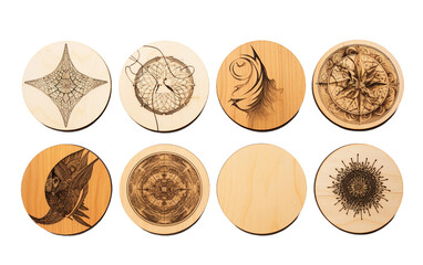 Creative Wooden Coasters Selection Isolated on Transparent Background PNG.