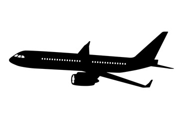 Fototapeta na wymiar Airplane in flight side view black silhouette clipart on white. Flat shape in stencil style. Simple vector picture for aircraft and civil aviation illustration, transport or air travel design, print.