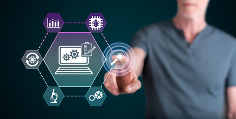 Man touching a software testing concept