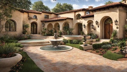 Fototapeta na wymiar a Mediterranean-inspired exterior with stucco walls, terracotta tiles, and wrought-iron accents. Include a courtyard with a fountain.