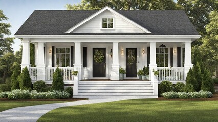 A classic suburban home with a front porch exterior , a well-manicured lawn, and a white picket fence. 