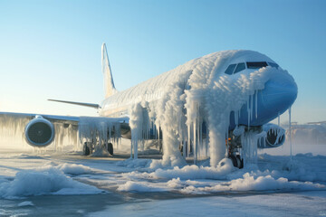 An abandoned passenger airplane covered in frost and snow, sitting on an icy airfield during winter. - Powered by Adobe