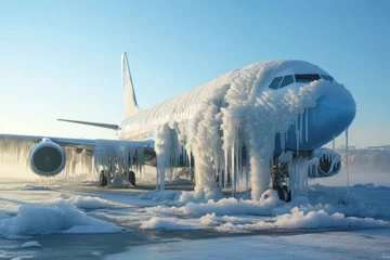 Fotobehang An abandoned passenger airplane covered in frost and snow, sitting on an icy airfield during winter. © EdNurg