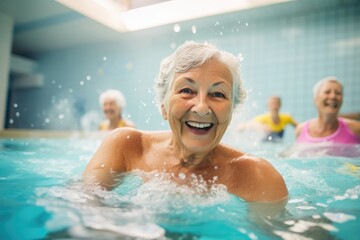 Energetic Water Aerobics Session With Elderly Women In Pool