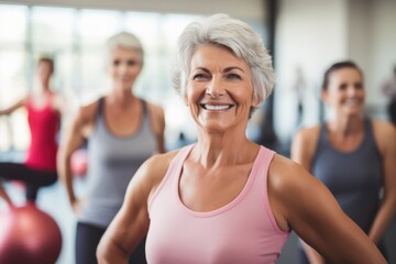 Fototapeta premium Happy Senior Woman Exercising With Group In Gym. Сoncept Fitness For Seniors, Group Exercise, Active Aging, Senior Fitness, Gym Workouts