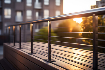 Balcony of a modern apartment building at sunset, close-up aluminum railings construction ai...