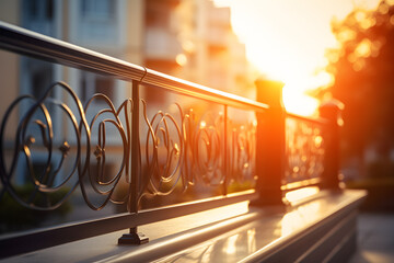 Metal railing in the city at sunset. Selective focusai generated art