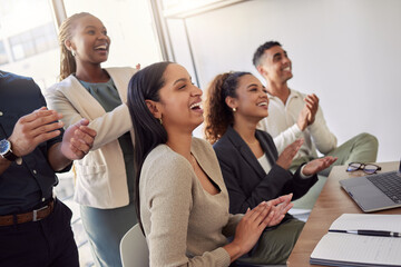 Business woman, applause and laugh with team in meeting, tradeshow or achievement of success, award or support. Happy employees clapping to celebrate presentation, seminar or funny feedback in office